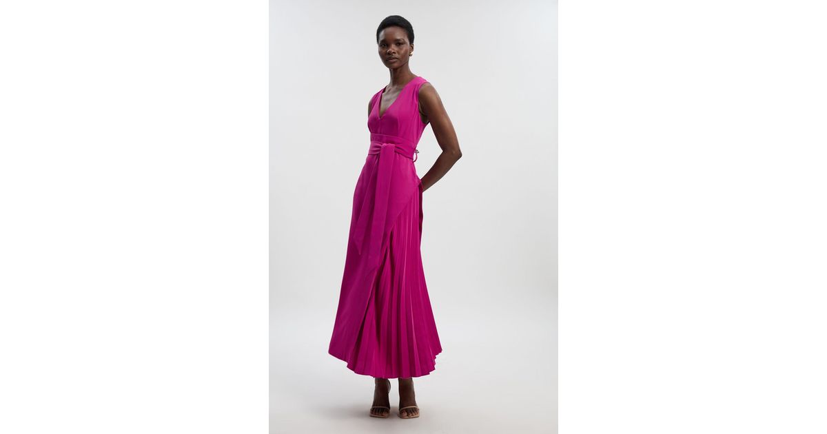 Karen Millen Soft Tailored Side Pleated Midi Dress in Pink Lyst UK