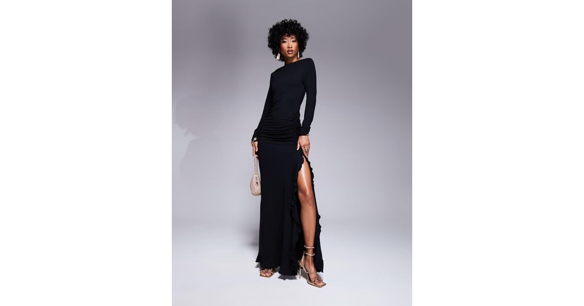 ASOS Long Sleeve Ruffle Detail Maxi Dress With Full Skirt in Blue | Lyst UK
