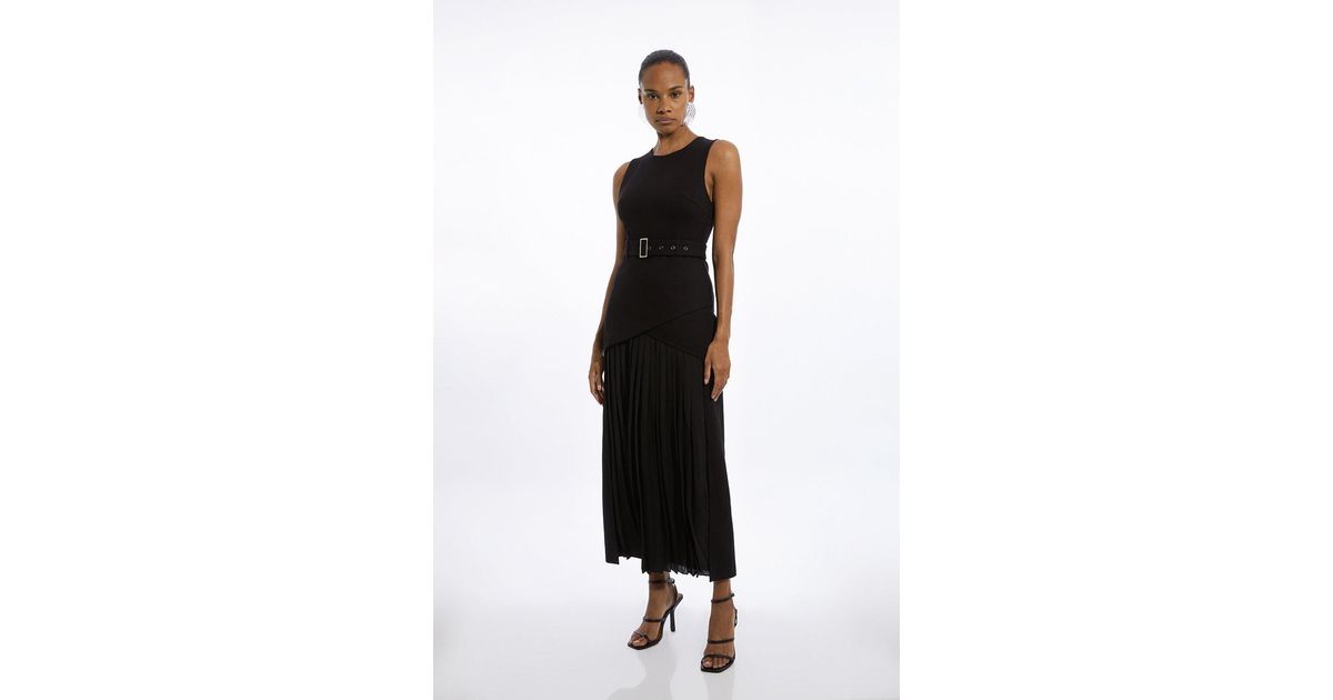 Karen Millen Ponte And Georgette Jersey Pleated Maxi Dress in Black | Lyst  UK