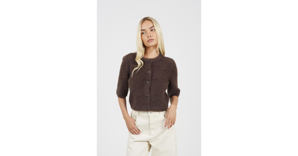 Brave Soul Short Sleeve Fluffy Yarn Cardigan in Brown Lyst UK