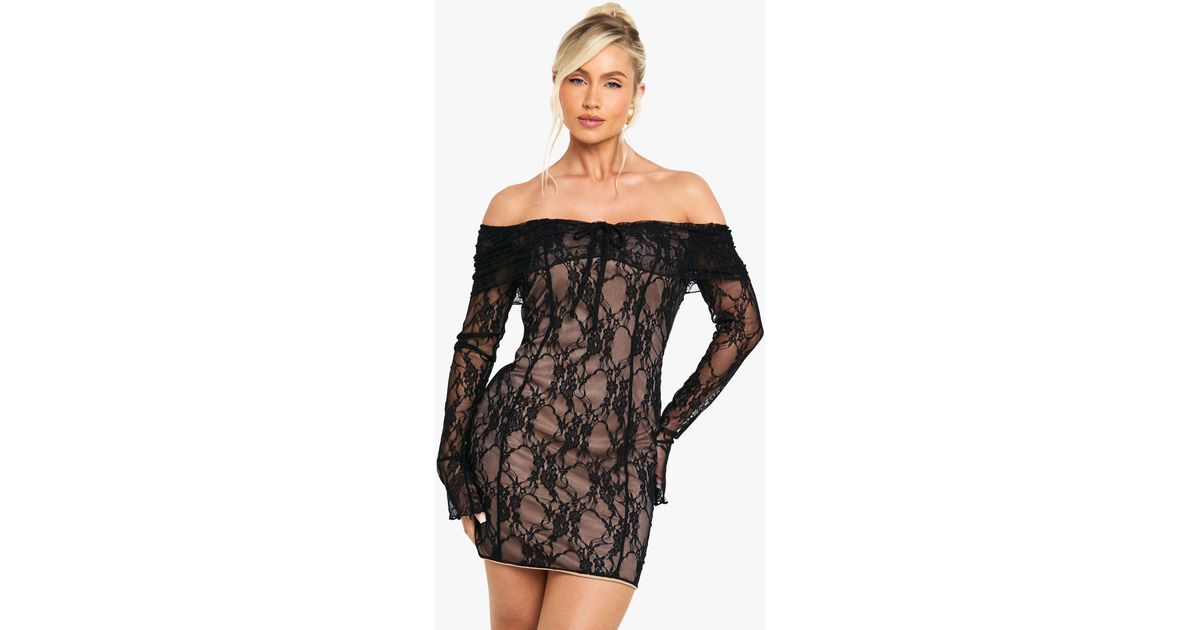 boohoo lace overlay bardot dress Boohoo Boutique Marcie Lace Off Shoulder Midi Dress