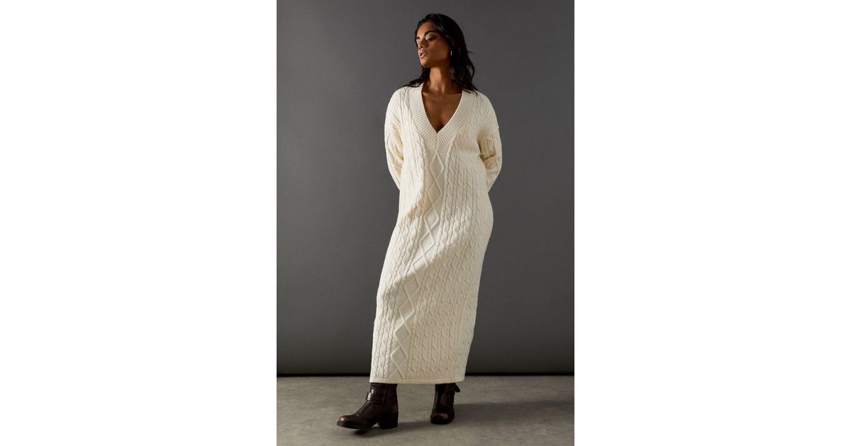 Warehouse Cosy Cable Knit V Neck Maxi Jumper Dress in Black | Lyst UK