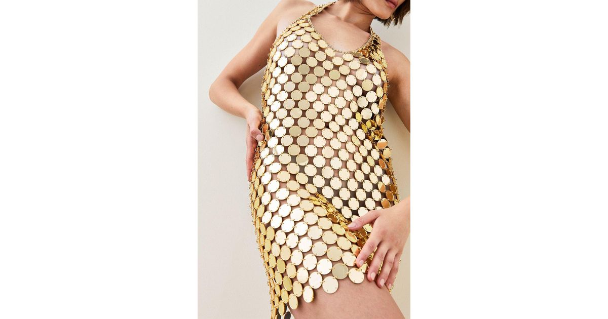 Karen Millen Mirrored Disc Chain Halter Mini Dress in Metallic | Lyst UK