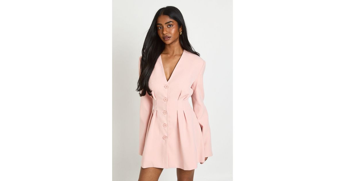 boohoo pink dress long sleeve boohoo Women's Long Sleeve Slash Neck Tailored Mini Dress in Pastel Pink | Size: 2