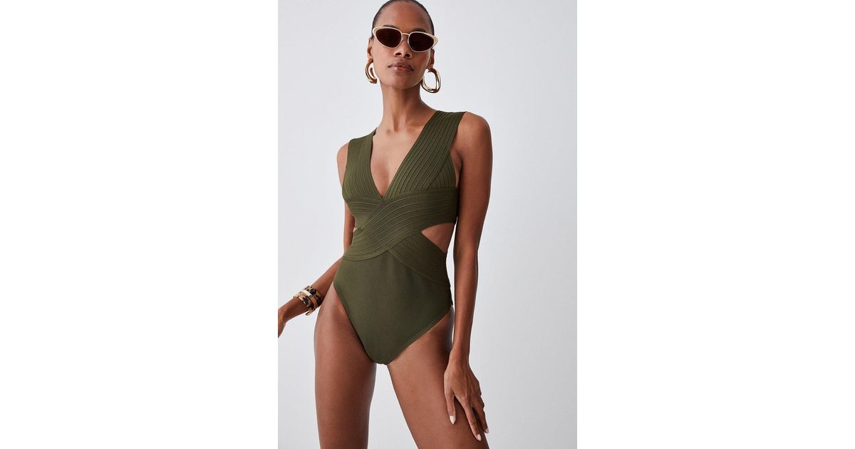 Karen Millen Bandage Textured V Neck Swimsuit in Green | Lyst UK