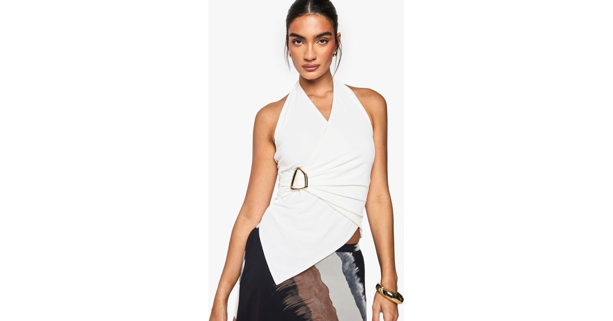 Boohoo Slinky Ring Detail Wrap Halterneck Top in White Lyst UK