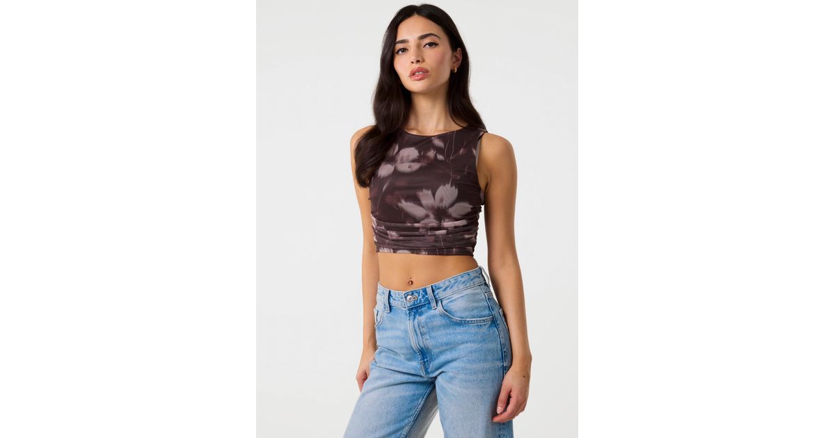 Pink Vanilla Floral Mesh Ruched Side Top in Blue | Lyst UK