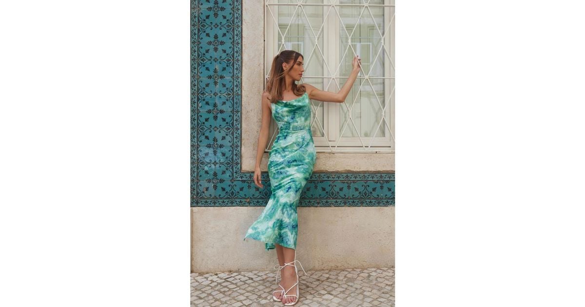 Quiz Green Marble Print Tie Back Midaxi Dress in Blue | Lyst UK
