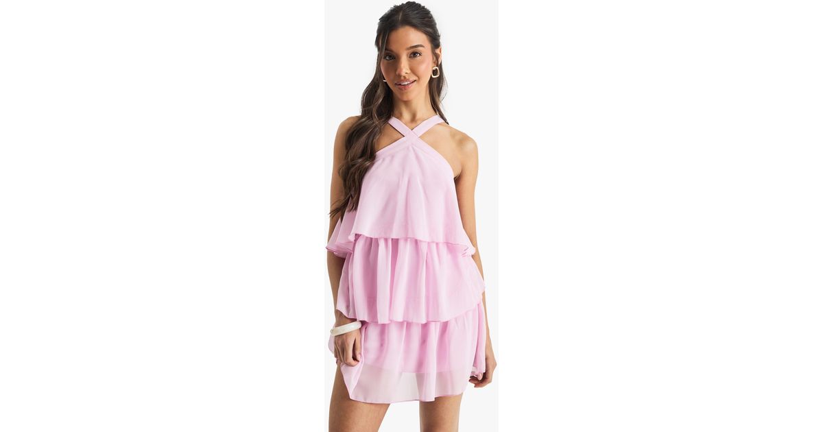Boohoo Chiffon Halterneck Layered Mini Dress in Pink | Lyst UK