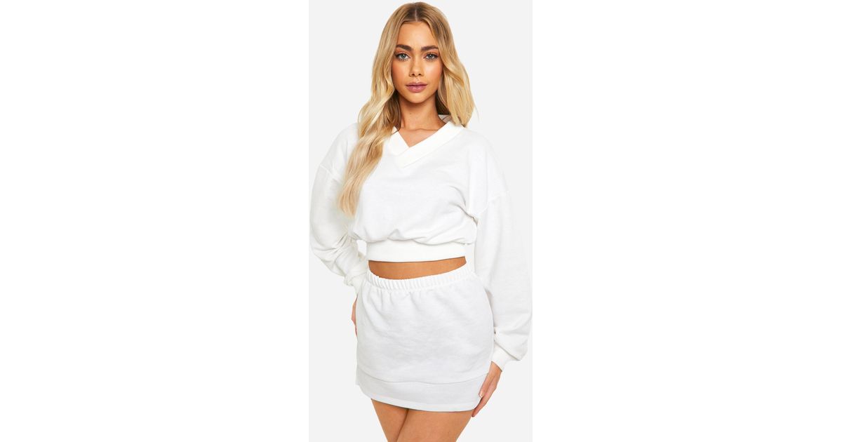 Boohoo V Neck Crop Sweatshirt And Skirt Set in White Lyst UK