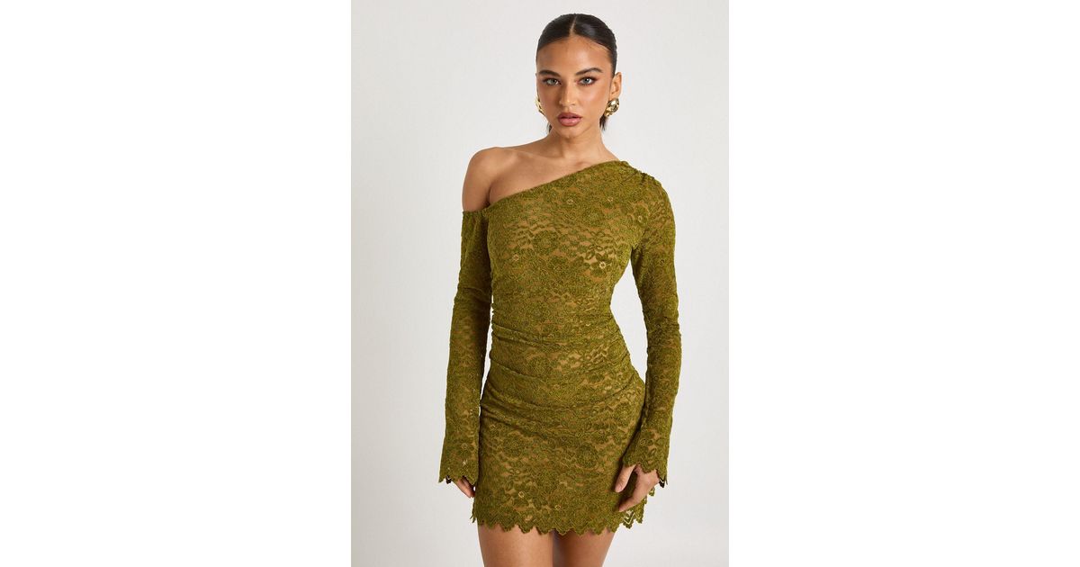 Boohoo Velvet Lace Long Sleeve Mini Dress in Green | Lyst UK