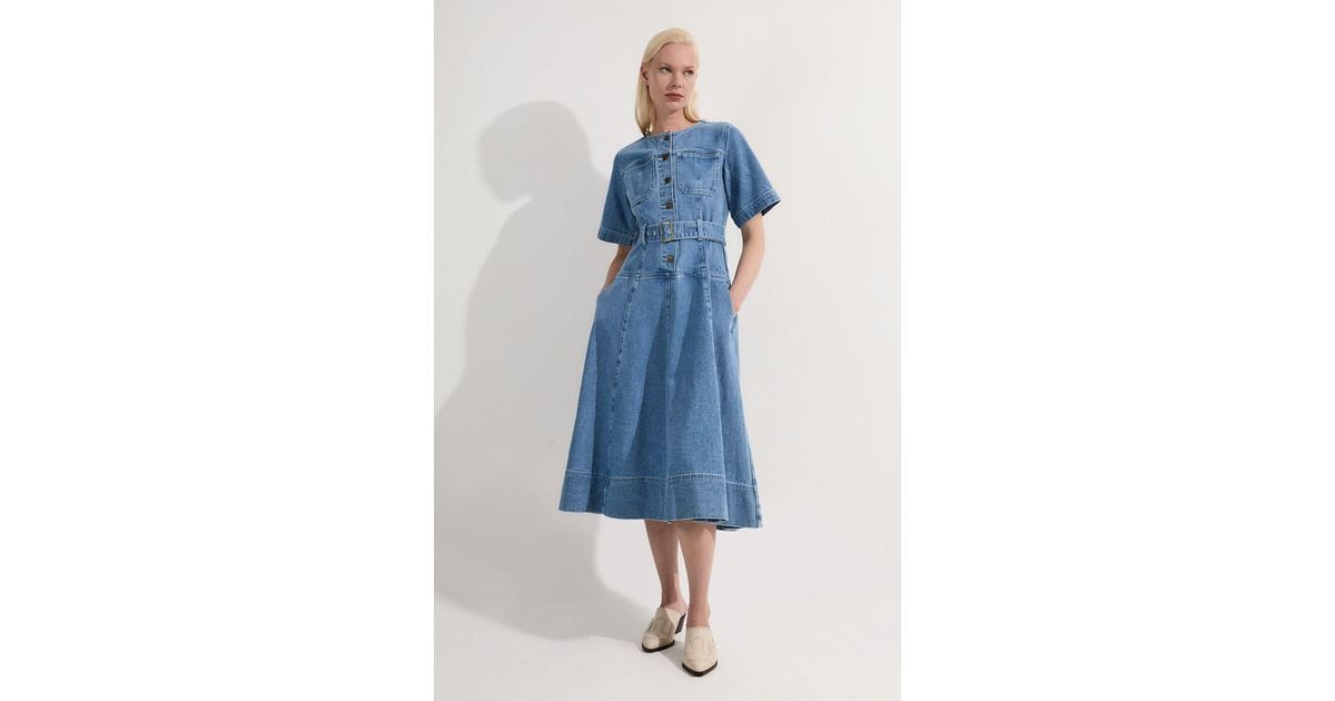 Karen Millen Petite Denim Soft Wash Short Sleeve Belted Midi Dress