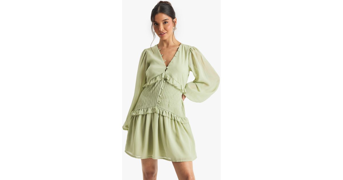 Boohoo Chiffon Long Sleeve Pleated Waist Mini Dress in Green