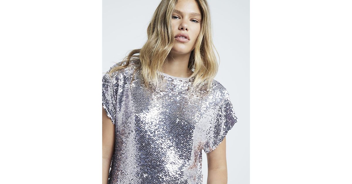 Shirt Sequin Shoulder Pad Top River Island T-Shirt Sequin Shoulder