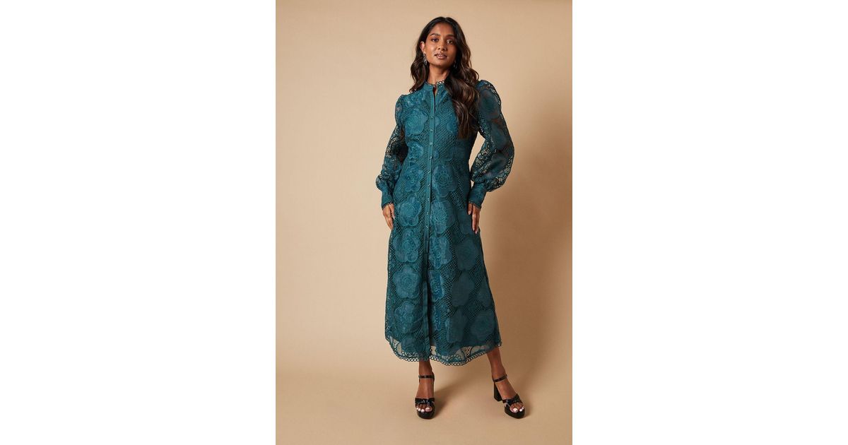 Oasis Premium Organza Lace Trim Midi Shirt Dress in Blue | Lyst UK