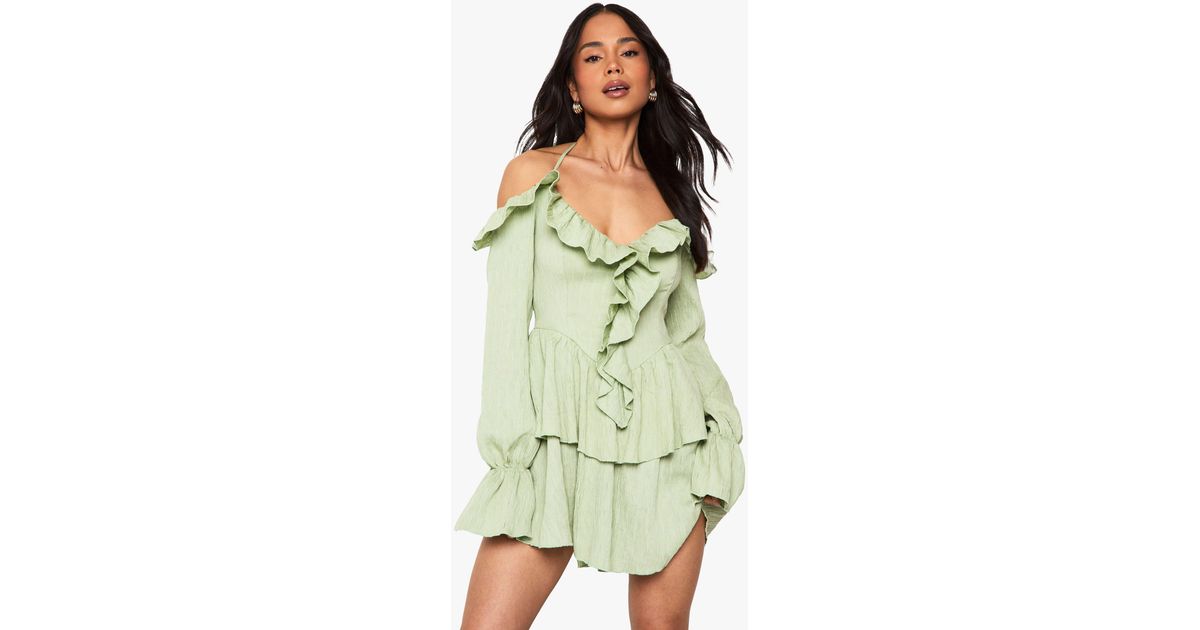 boohoo green ruffle dress Crinkle Layered Mini in Petite