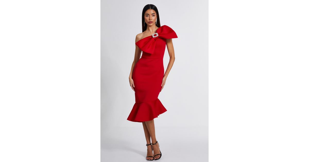 Quiz One Shoulder Bow Midi Dress in Red | Lyst UK