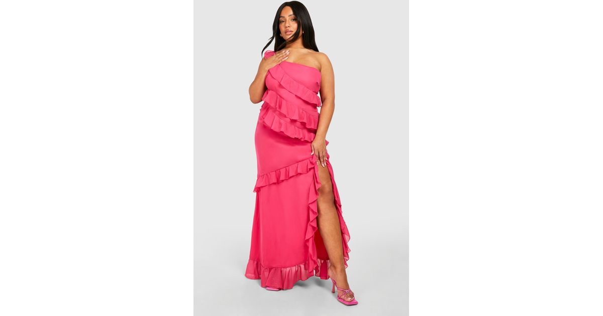 boohoo pink ruffle dress Pink Plus Floral Chiffon Ruffle Maxi Dress