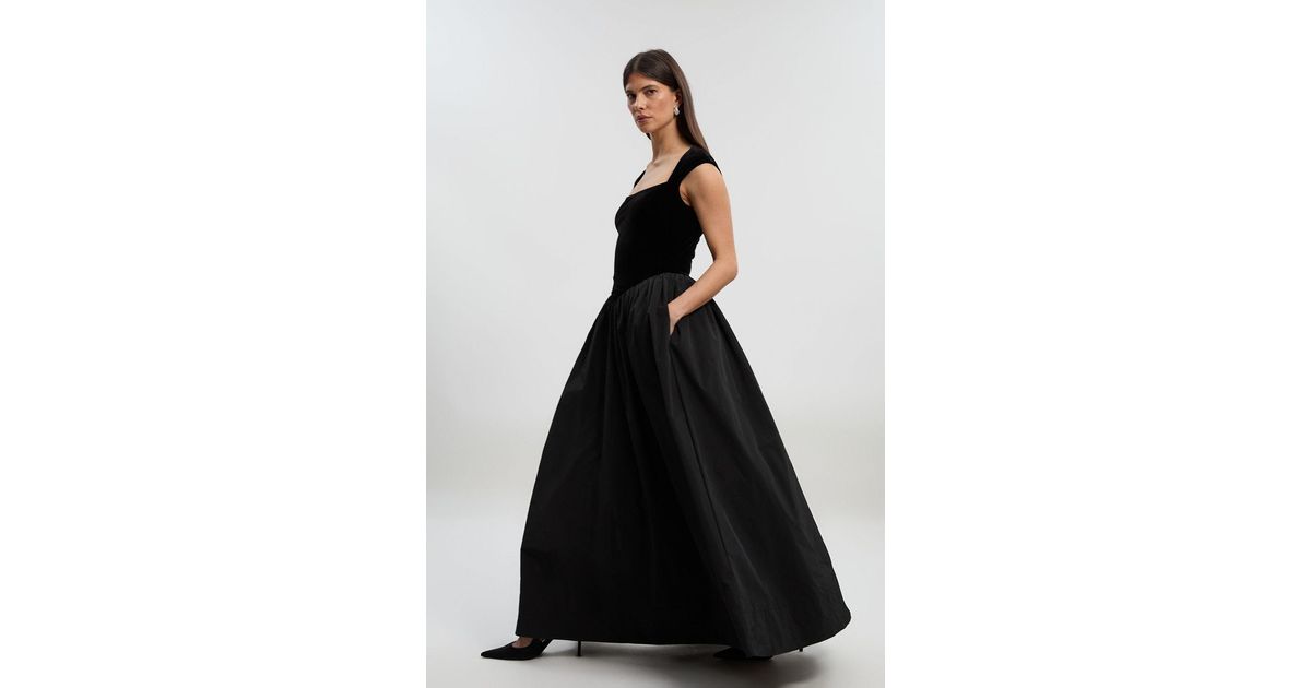 Karen Millen Petite Velvet Sleeveless Body With Taffeta Drop Waist Maxi  Dress in Black | Lyst UK