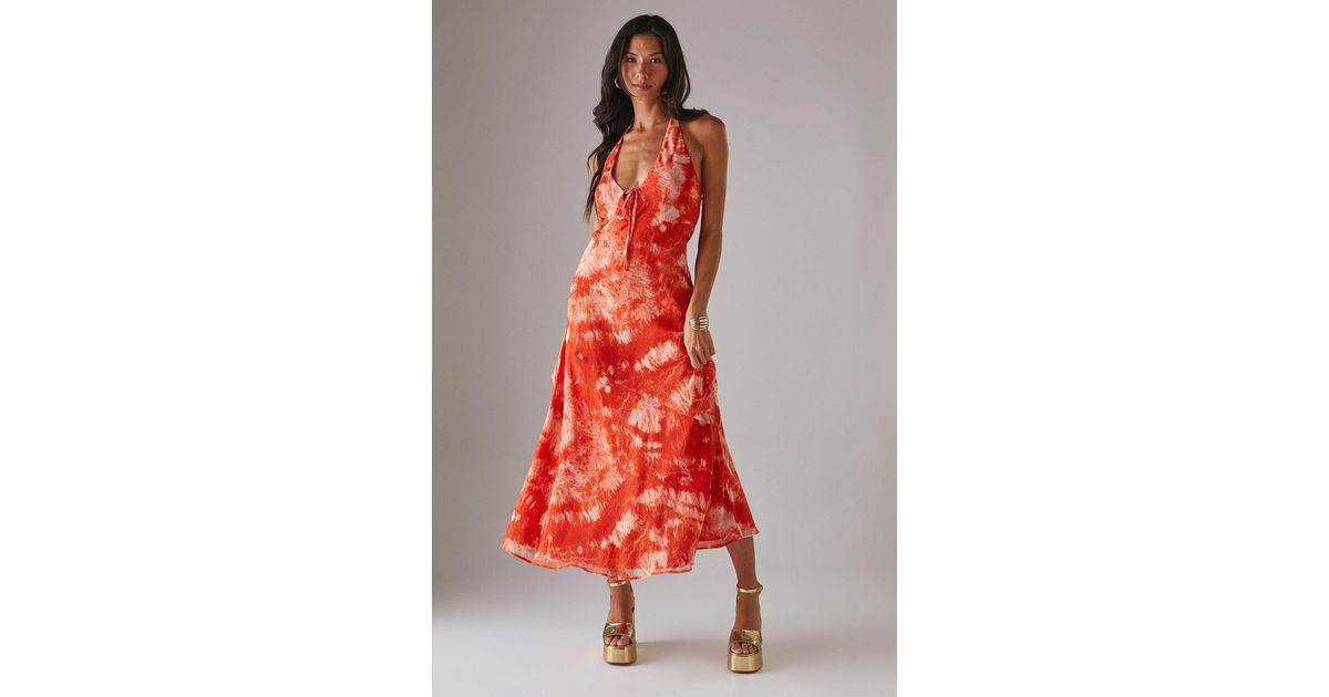 Warehouse Tie Dye Chiffon Bias Low Back Halter Midi Dress in Red