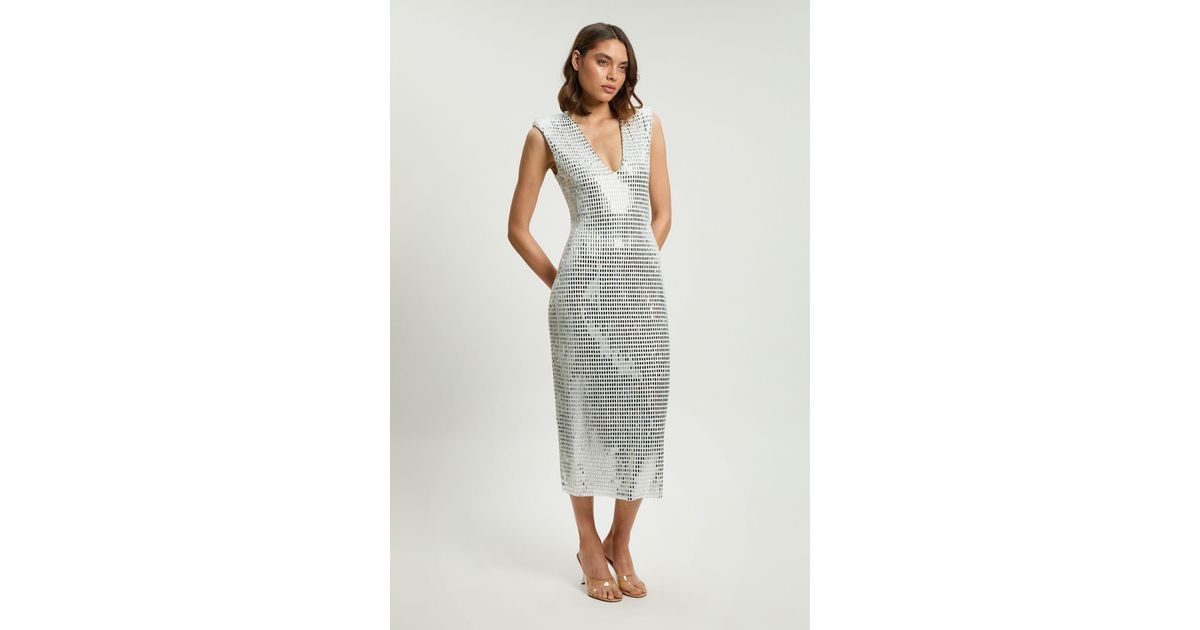Karen Millen Premium Crystal Embellished Jersey Sleeveless Plunge Neck Midi Dress in Grey