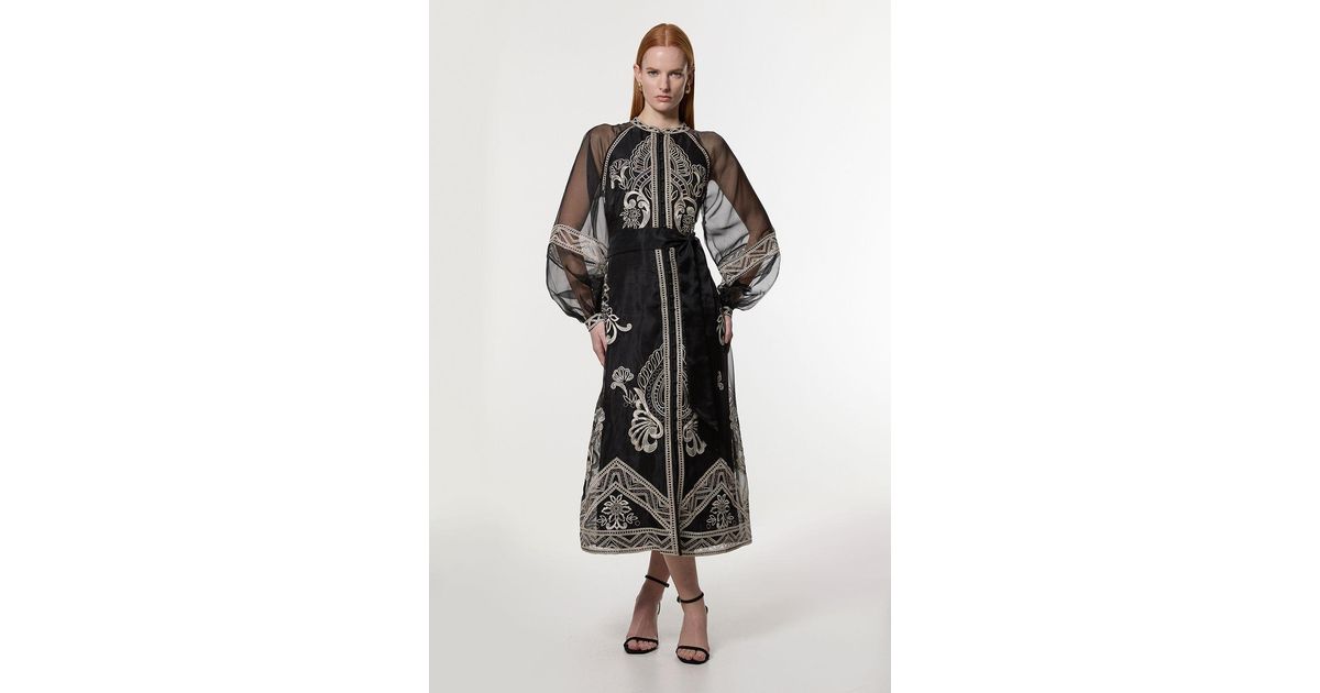 Karen Millen Embroidered Organdie Balloon Sleeve Woven Maxi Dress