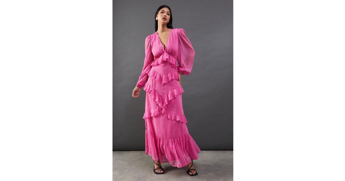 Warehouse Chiffon Plunge Neck Ruffle Detail Volume Sleeve Maxi Dress in ...