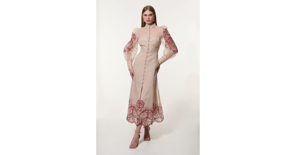 Karen Millen Organdie Embroidered Woven Midi Dress in Pink | Lyst UK