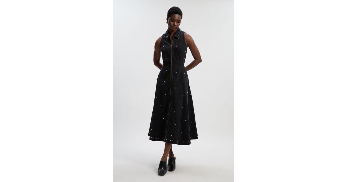 Karen Millen Denim Studded Sleeveless Midi Dress in Black Lyst UK