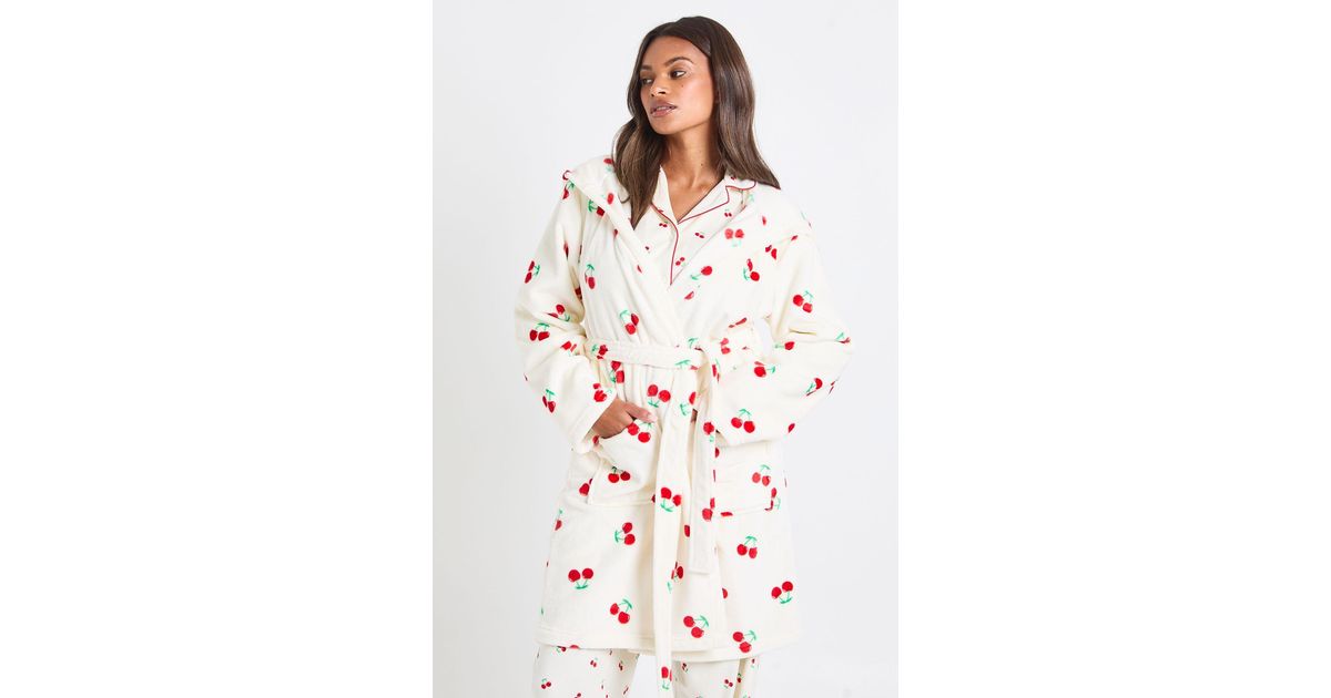 short fleece dressing gown jacket Pink Pom Pom Fleece Hooded Short Dressing Gown