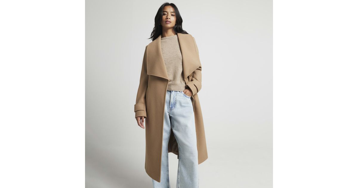 River Island Wrap Coat Petite Belted Material Polyester in Natural Lyst UK