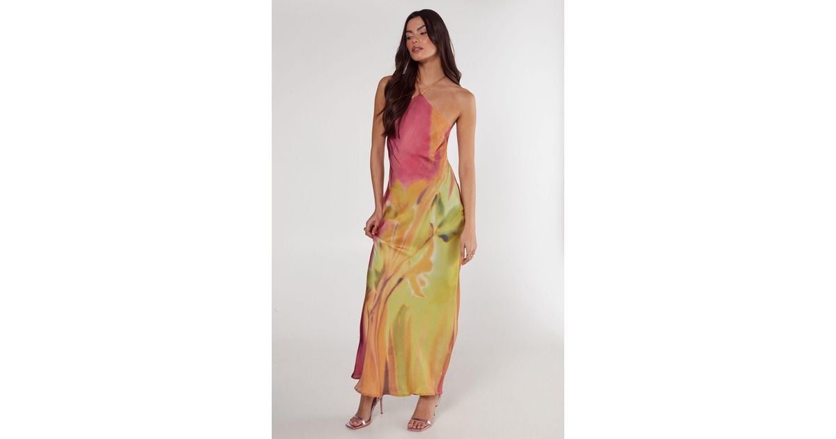 Nasty Gal Satin Floral Ombre Halter Neck Cowl Back Maxi Dress | Lyst UK