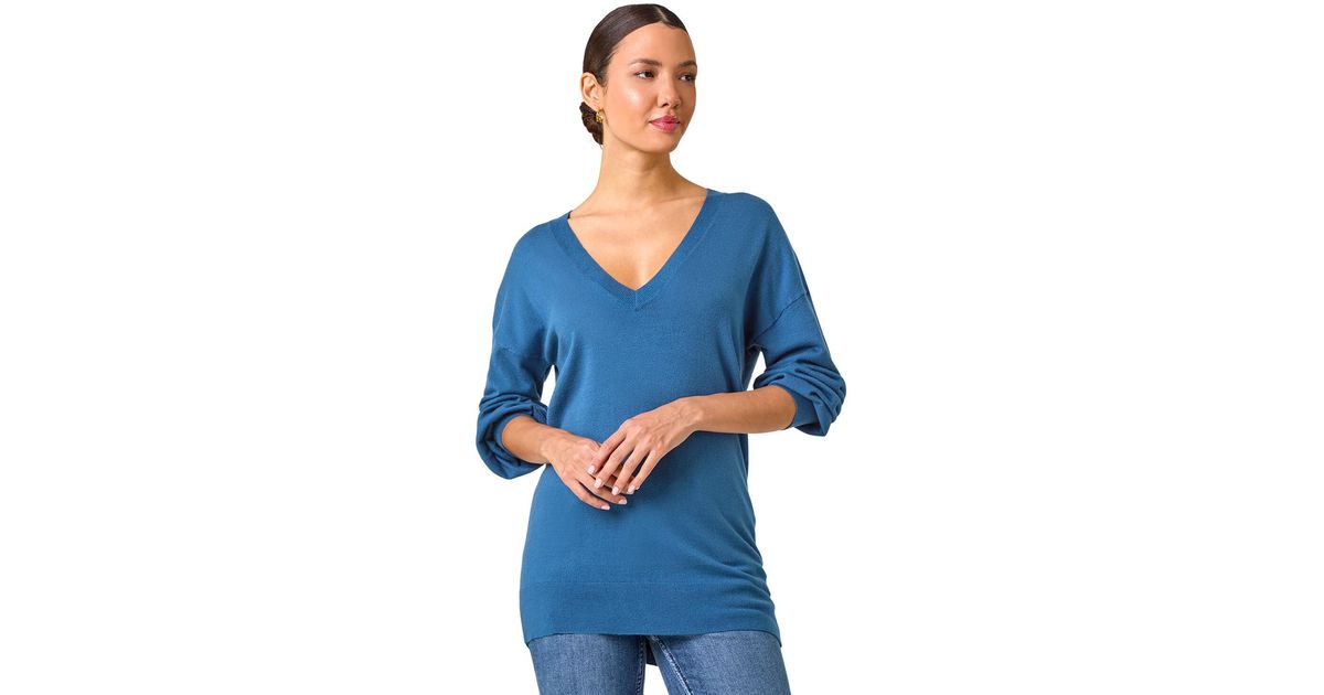 Roman Plain V-Neck Stretch Jumper in Blue Lyst UK