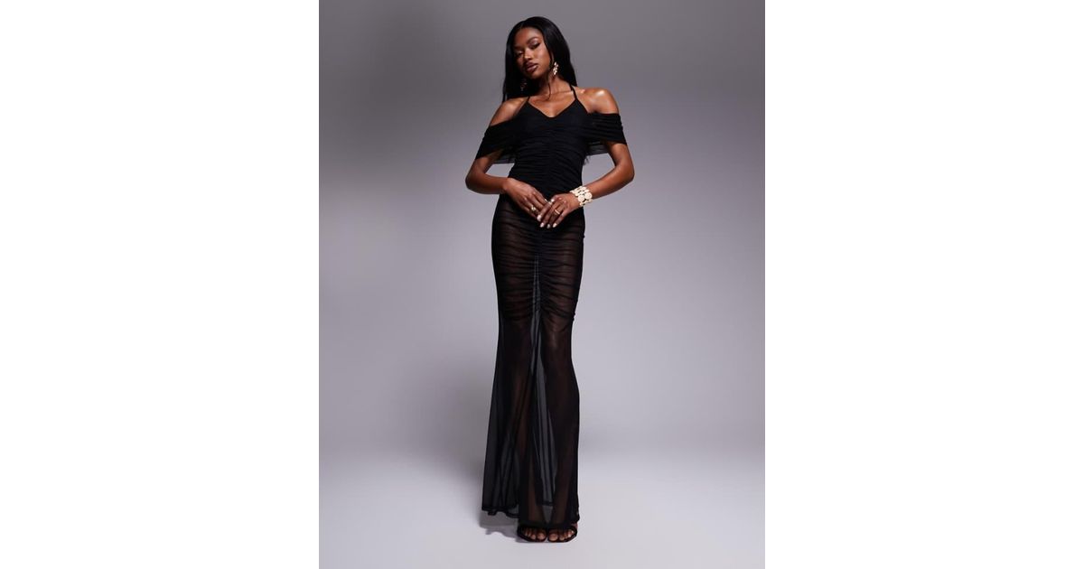ASOS Ruched Sheer Mesh Halter Maxi Dress With Bardot Overlay in Black ...