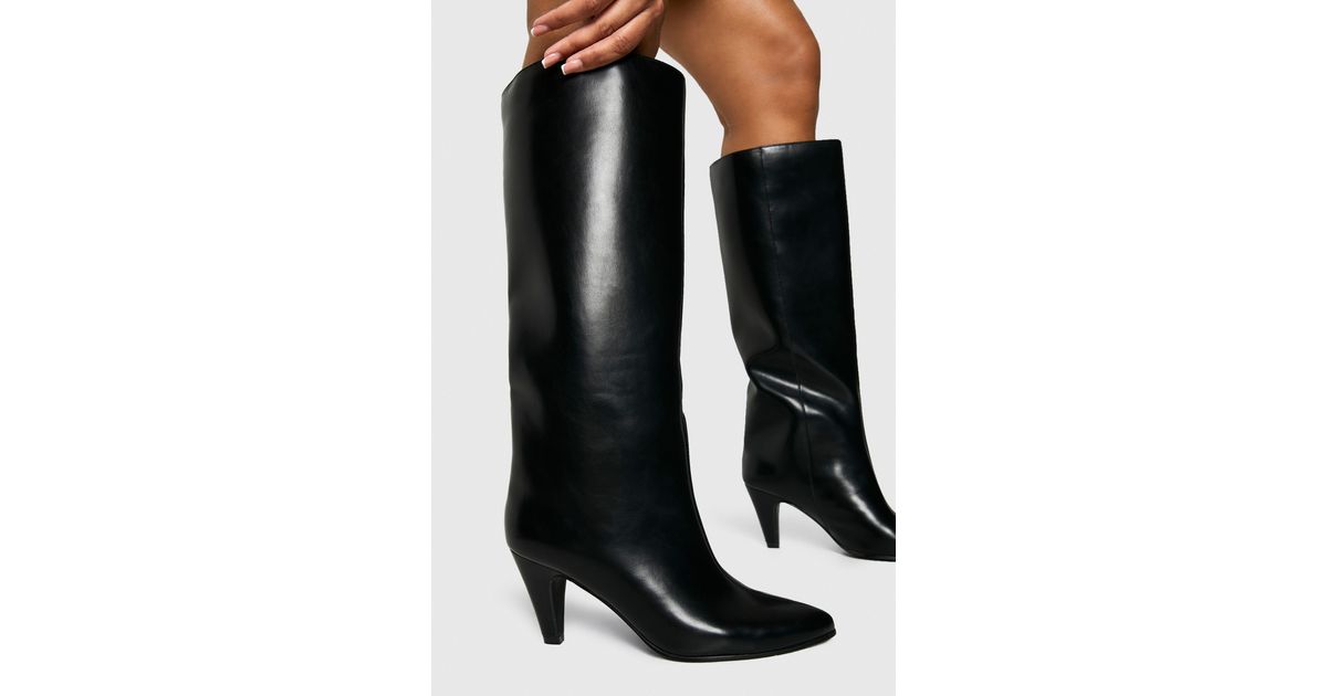 Boohoo Curved Heel Knee High Column Boots in Black | Lyst UK