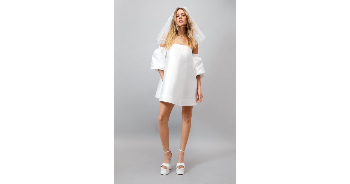 structured off the shoulder puff sleeve mini prom dress Delia Off Shoulder Puff Sleeve Mini Dress Mermaid Way, M