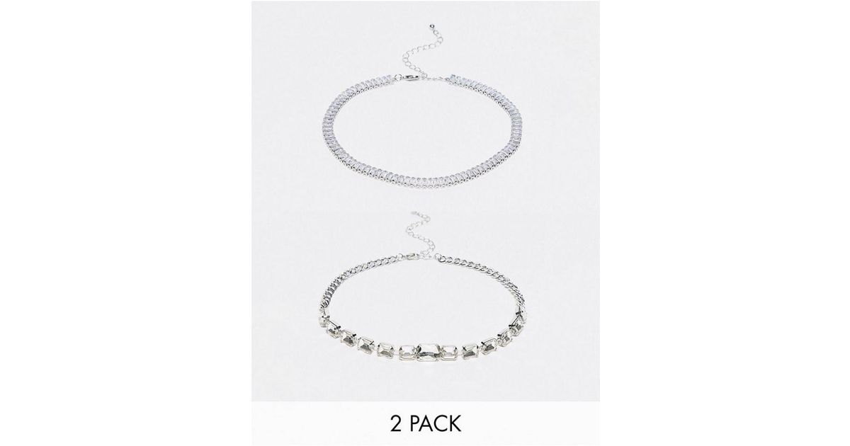 TOPSHOP 2pk Baguette And Crystal Chocker gold in White Lyst UK