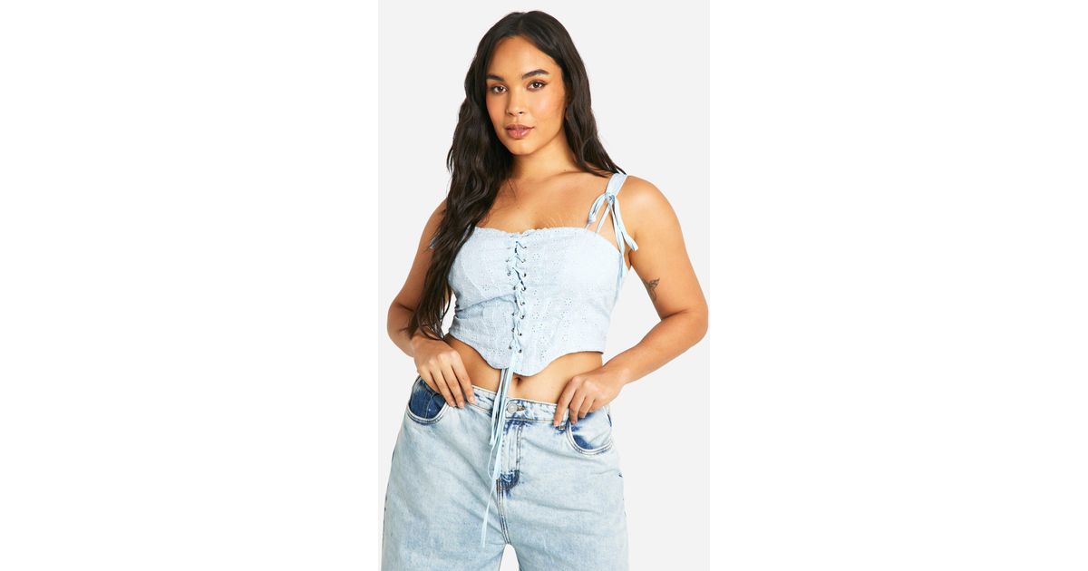 Denim Boohoo Lace Up Top Boohoo Plus Broderie Lace Up Corset