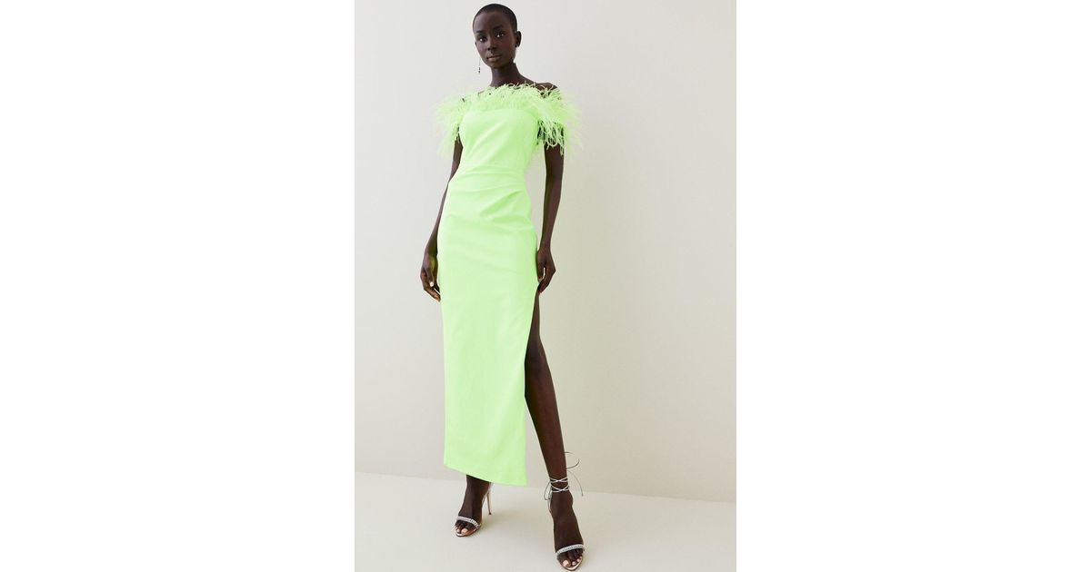 green emerald velvet dress Perrin Emerald Green Feather Dress High Slit Gown