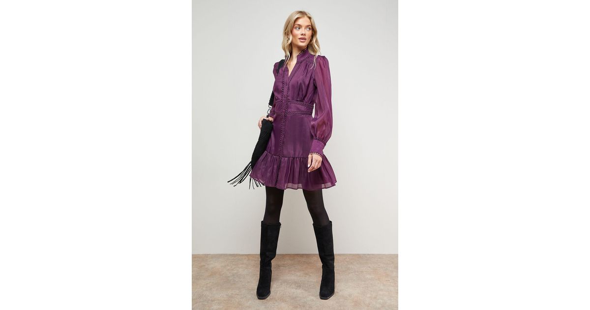 Oasis Plain Lace Trim Boho Shirt Mini Dress in Purple