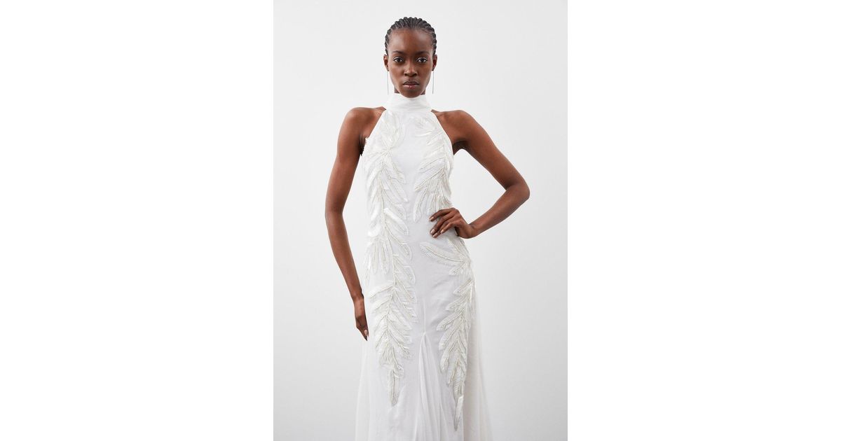 Karen Millen Halter Neck Feather Sequin Detail Woven Maxi Dress in White |  Lyst UK