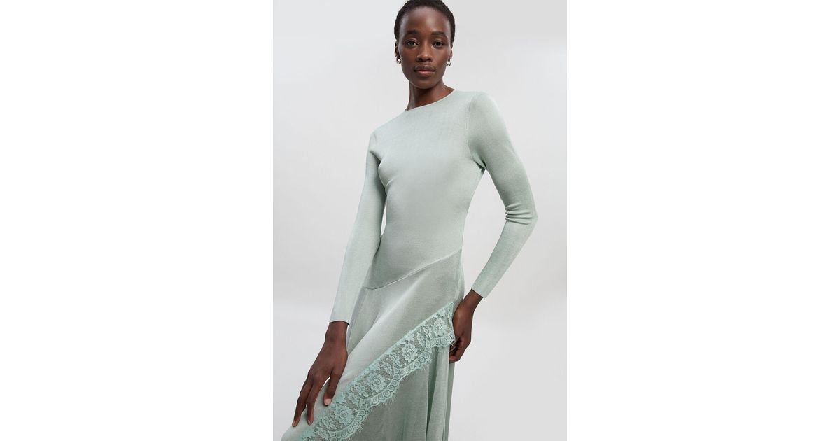 Karen Millen Viscose Blend Slinky Sheer Lace Detail Asymmetric Knit Maxi Dress in Grey