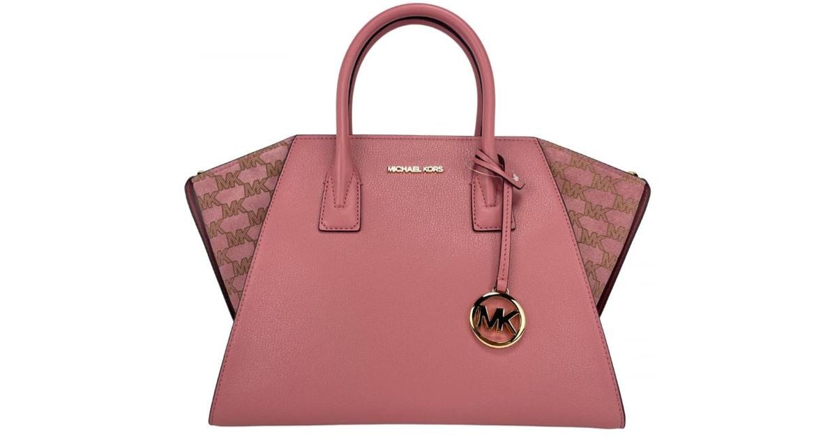 Michael Kors Avril Large Rose Signature Leather Top Zip Satchel