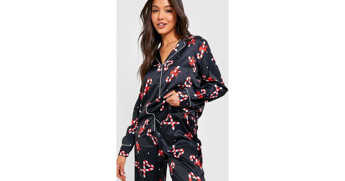 Boohoo Christmas Candy Cane Print Satin Long Sleeve Shirt Pants