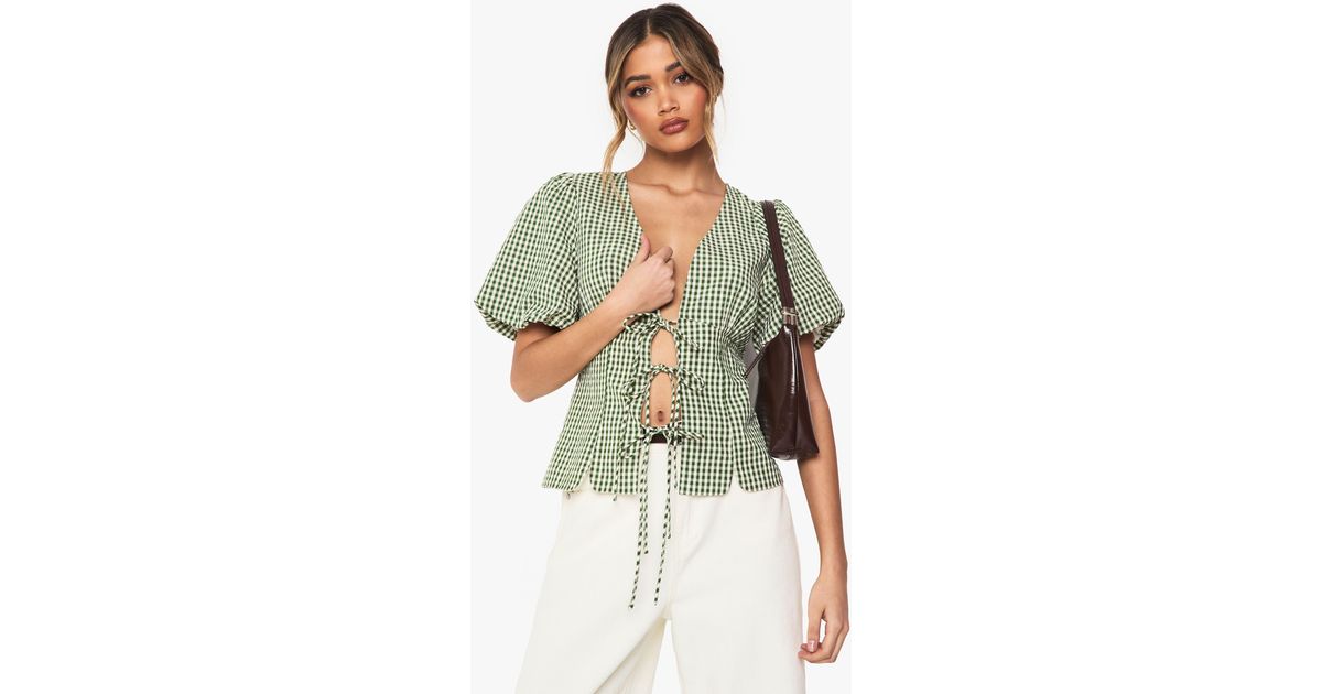 Boohoo Woven Gingham Tie Front Puff Sleeve Top in Green Lyst UK