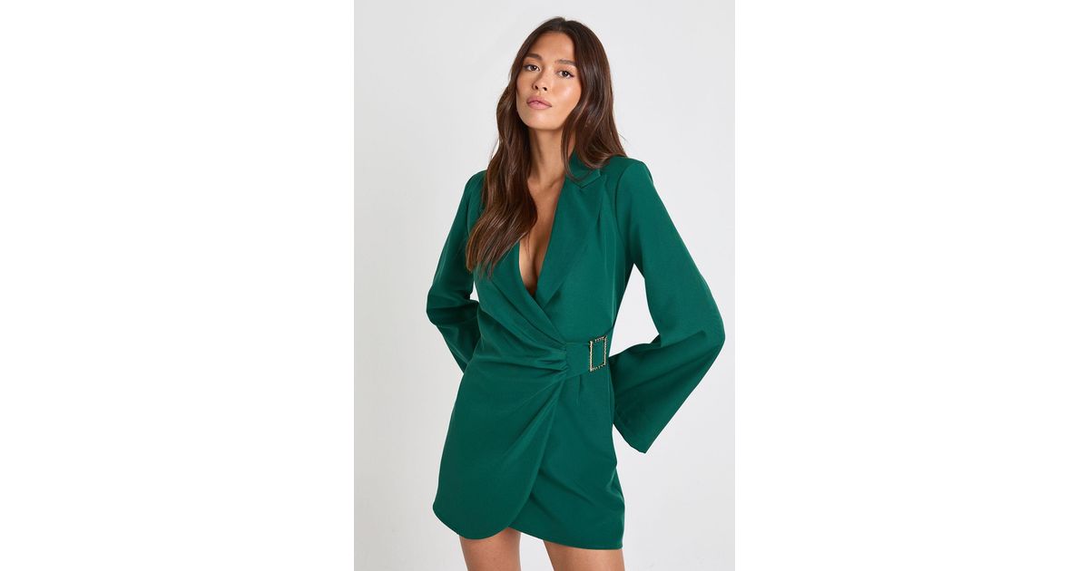 boohoo green blazer dress Tie Waist Flare Sleeve in prom dress 2018