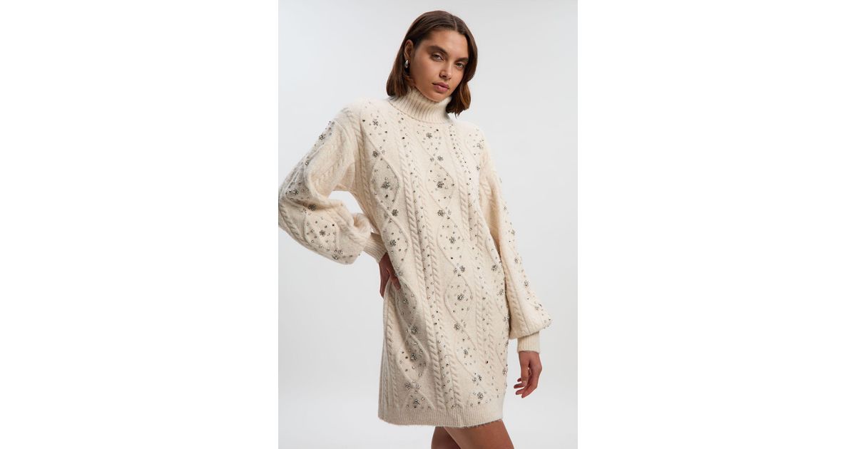 Karen Millen Wool Blend Embellished Cable Knit Jumper Mini Dress in Natural  | Lyst UK