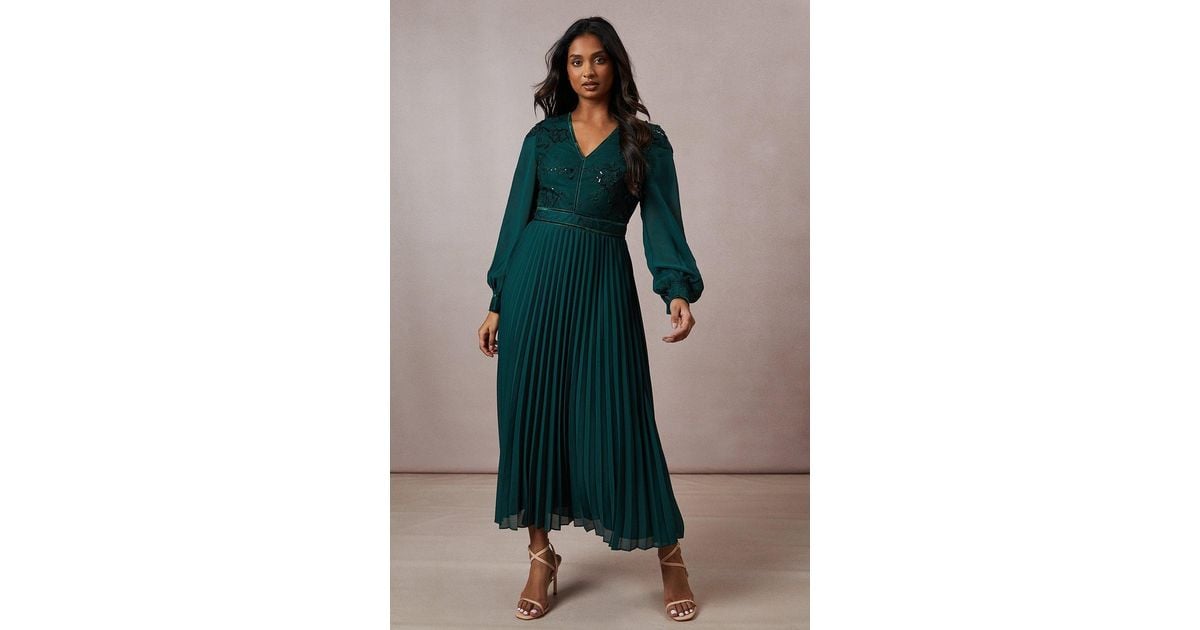 Oasis Occasion Floral Organza Pleated Midi Dress in Green | Lyst UK