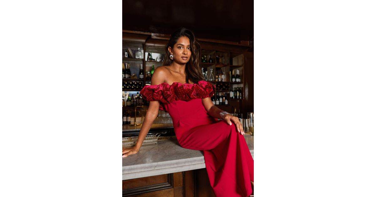 Oasis Diamante Velvet Ruffle Bardot Bodycon Midi Dress in Red | Lyst UK