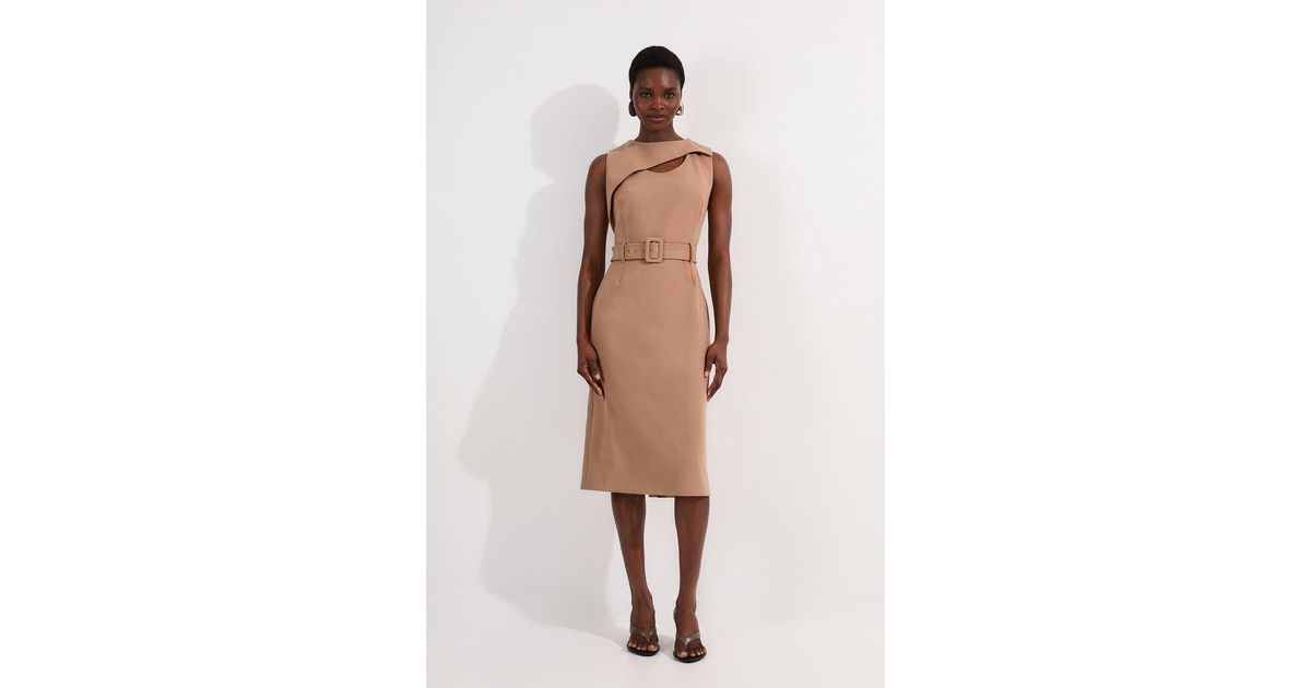 Karen Millen Compact Stretch Belted Pencil Midi Dress in Natural